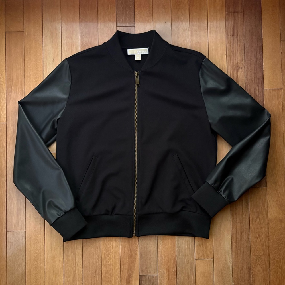 MICHAEL Michael Kors Black Bomber Jacket with Faux Leather Sleeves
